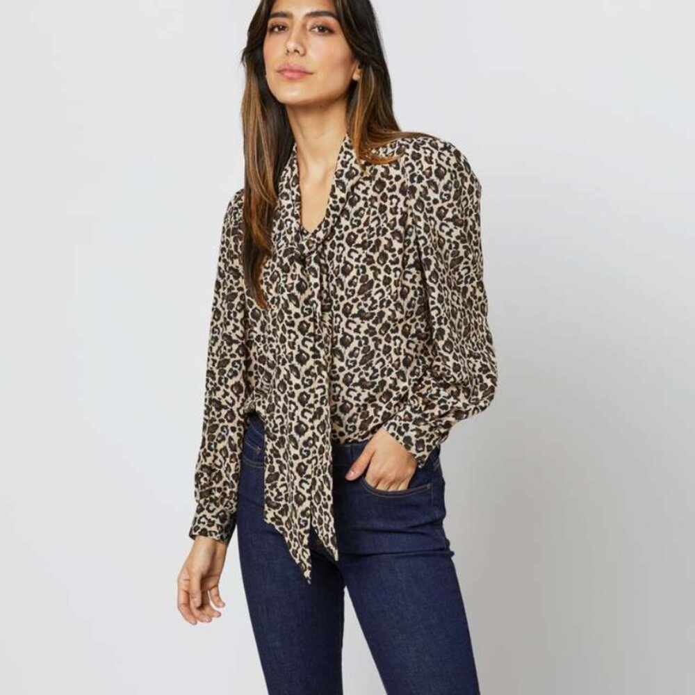 Ann Mashburn Helene Tie Neck Blouse in Camel/Black in Size Small